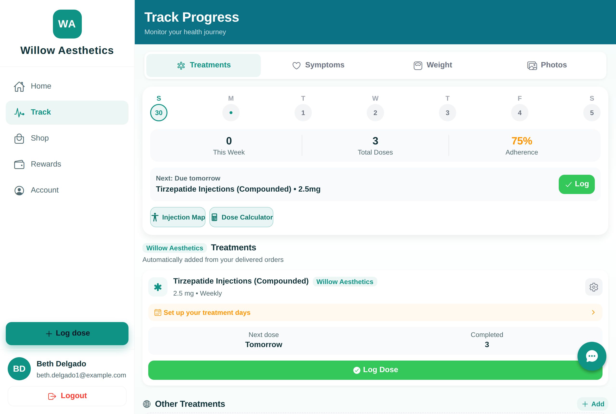 The Track tab of the patient portal: the week strip, doses this week, adherence, the next dose due tomorrow, the injection map and dose calculator buttons, and the list of treatments