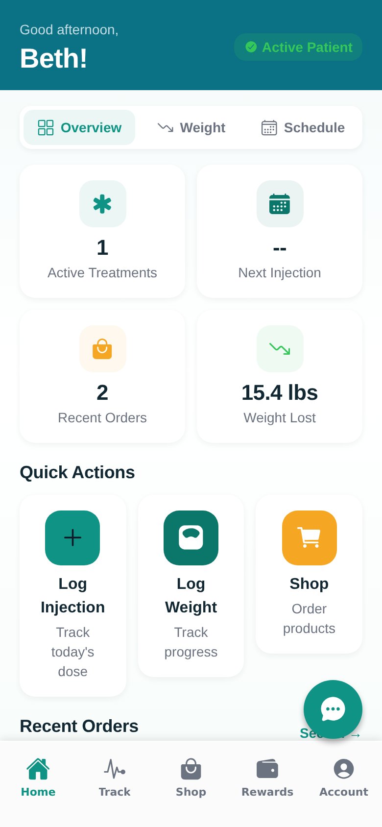 The patient app home screen under a clinic's own name, logo and colors