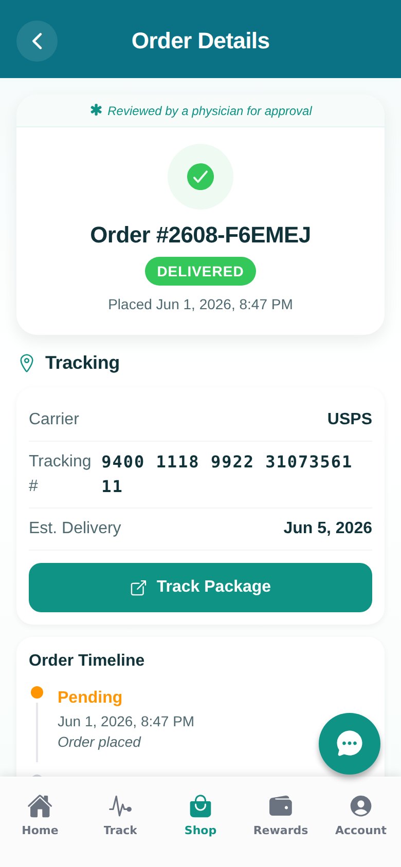 An order in the patient app: delivered, with the carrier, tracking number, estimated delivery and the order timeline