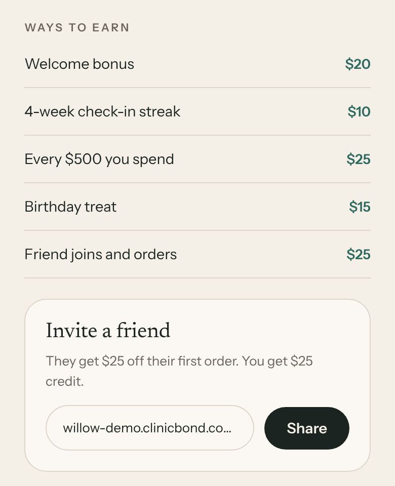 Rewards in the new patient app: the ways to earn store credit in dollars and an invite-a-friend link to share
